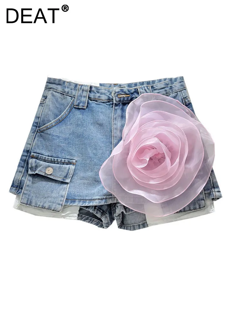 

DEAT Women's Denim Skirts High Waist Pockets Spliced Mesh Flower Cargo Mini Short Skirts 2024 2024 Summer New Fashion 11XX8967