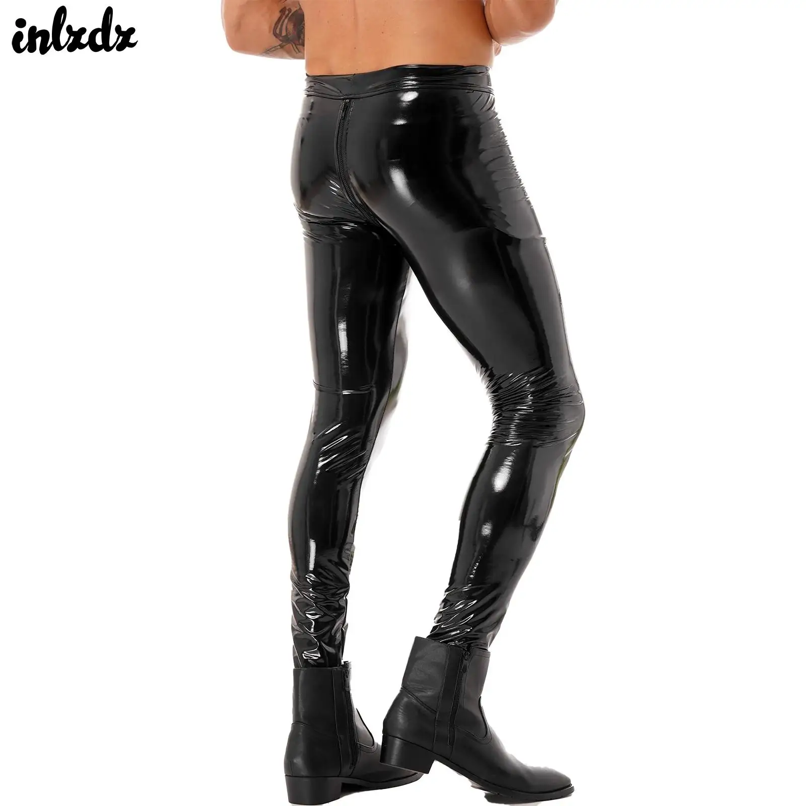 Mens Zipper Crotch Skinny Trousers Pants Clubwear Patent Leather Moto Biker Leggings Party Tights