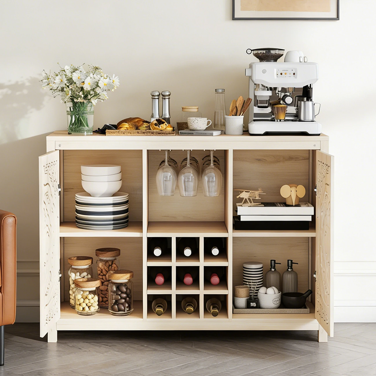NEW Wine Bar Cabinet with 2 Doors MDF et Storage Liquor Cabinet Wine Rack and Glass Holder for Living Dining Room Kitchen