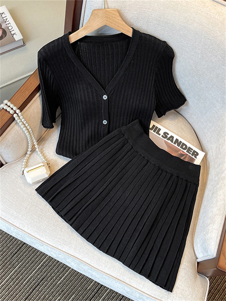 Women Sweater Summer 2 Piece Sets Elegnat Knitted Suits Female Sweaters Vintage Womens Skirt High Waist Summer Vintage Vestidos
