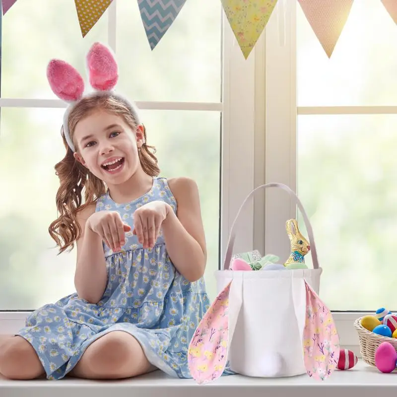 Easter Egg Hunt Bags Easter Rabbit Reusable Tote Bags With Handles Bunny Candy Basket Spring Hunts Container For Candy Hunting