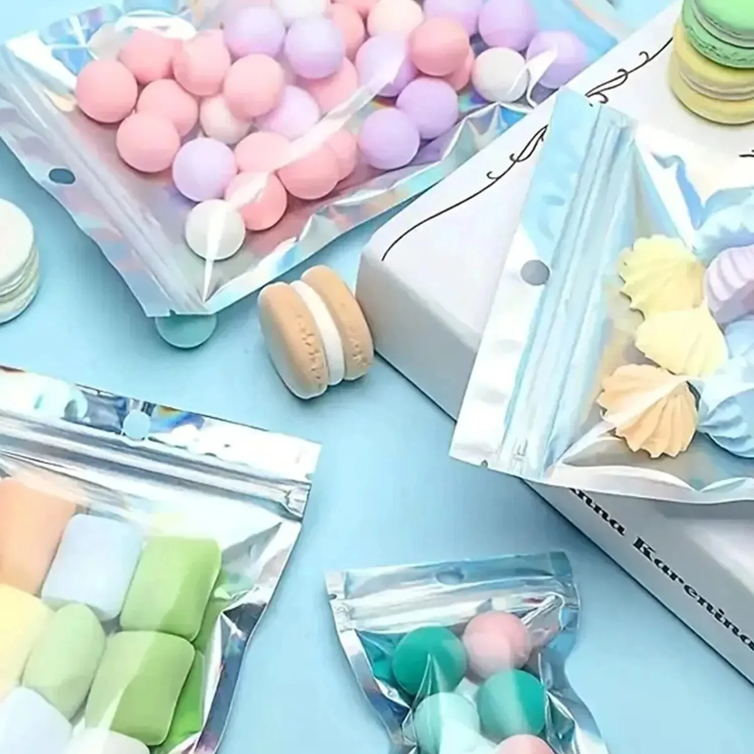 Holographic Mylar Bags Holographic Storage Bag Holographic Bags 100PCS Holographic Bag Laser Rainbow Pattern Self Sealing Bag Candy and Front Window Sample