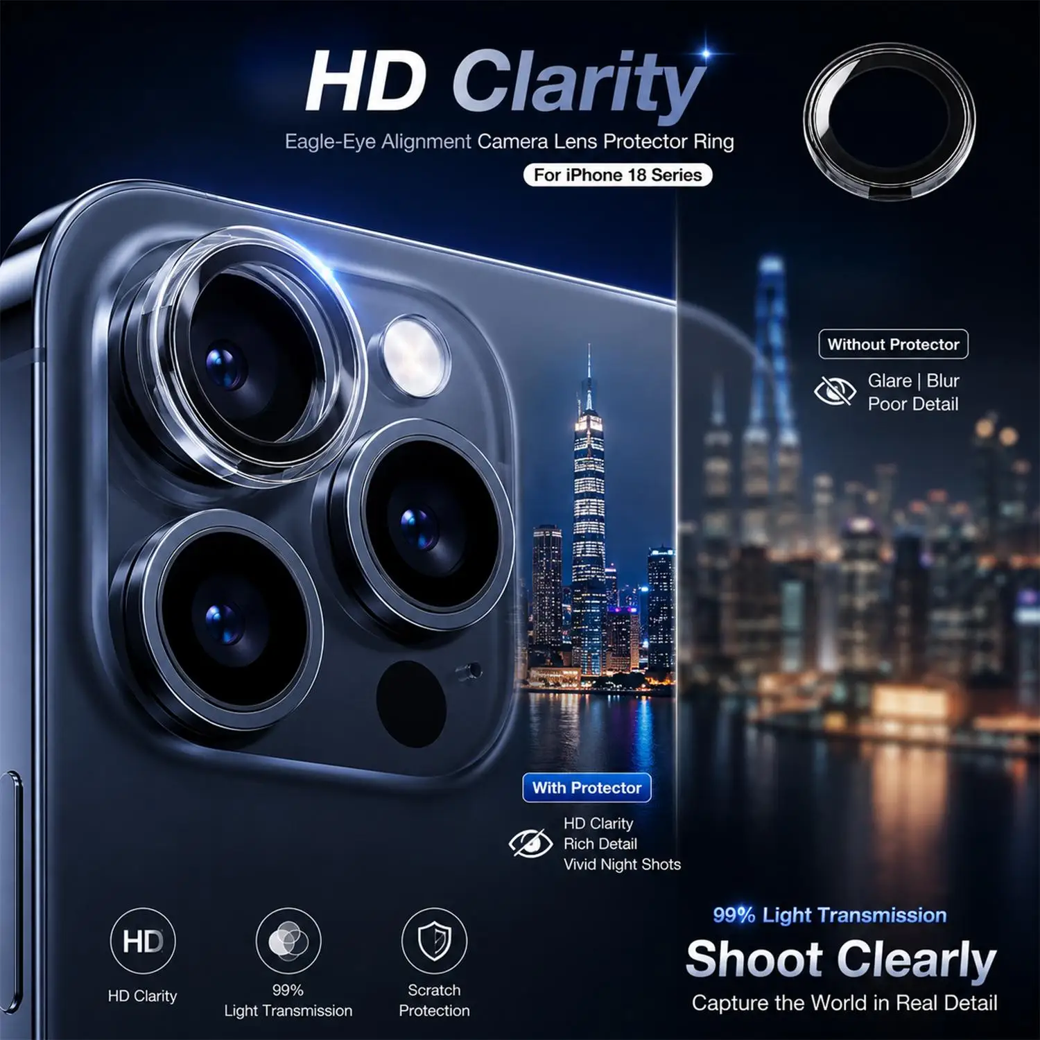 Premium Full-Cover Clear Glass Camera Protector with Tempered Glass Ring Cap