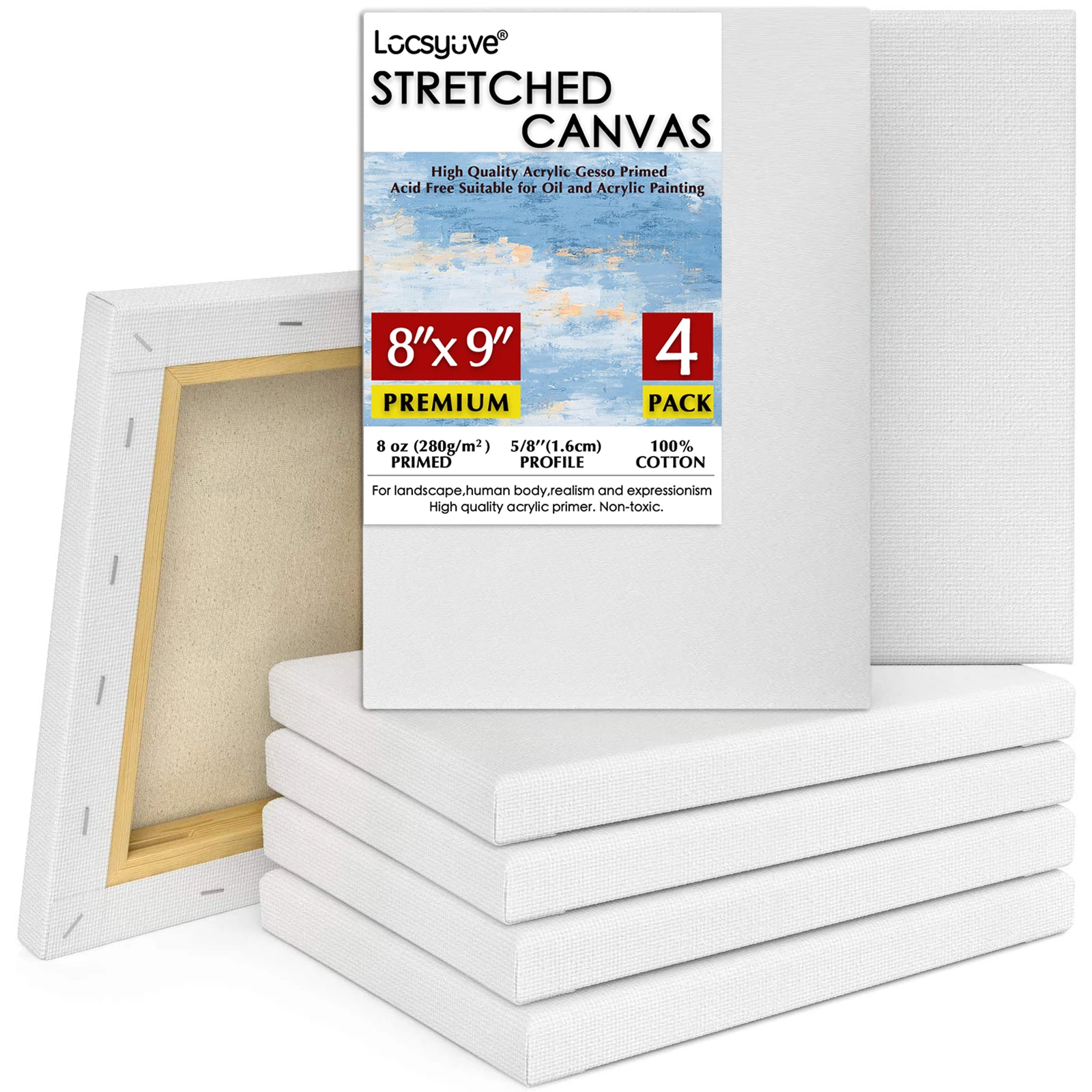 Locsyuve Stretched Canvas, Pack of 4, 8x8 Inches, Square White Canvas, 100%  Linen, 8 Oz