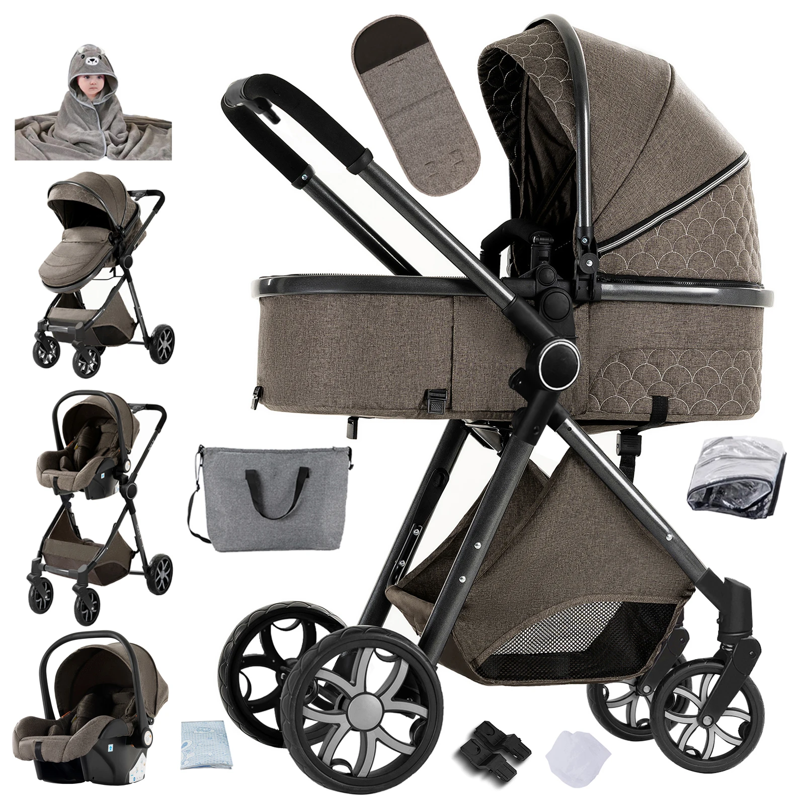 Practical 3-in-1 Baby Stroller, Convenient and Stylish with Secure Car Seat, Luxurious Bassinet, and Versatile Strollers Pram