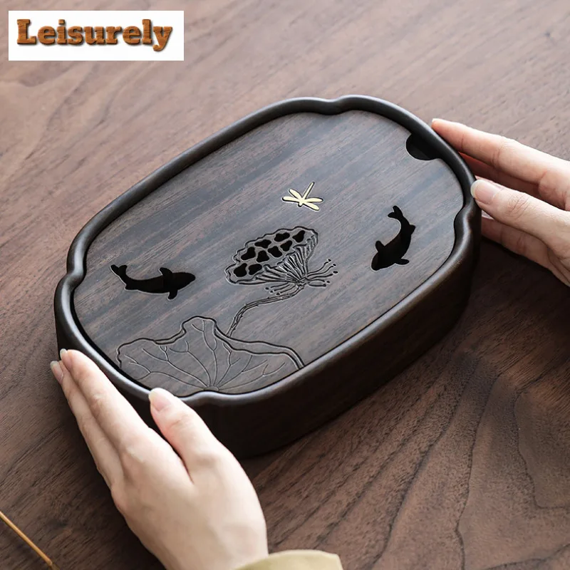 Fish Play Lotus Pond Tea Tray Walnut Wood Water Storage Drainage Dry Soaking Platform Solid Wood Pot Bearing Holder Tea Table
