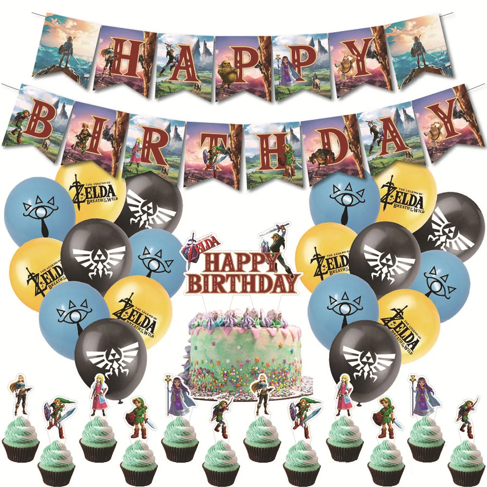 Yizeda Zelda Party Birthday Decorations, Zelda Party Supplies, Included 18  Pack Balloons, 1 Pack Banner,12 Pack Cupcake Topper Zelda Decorations for