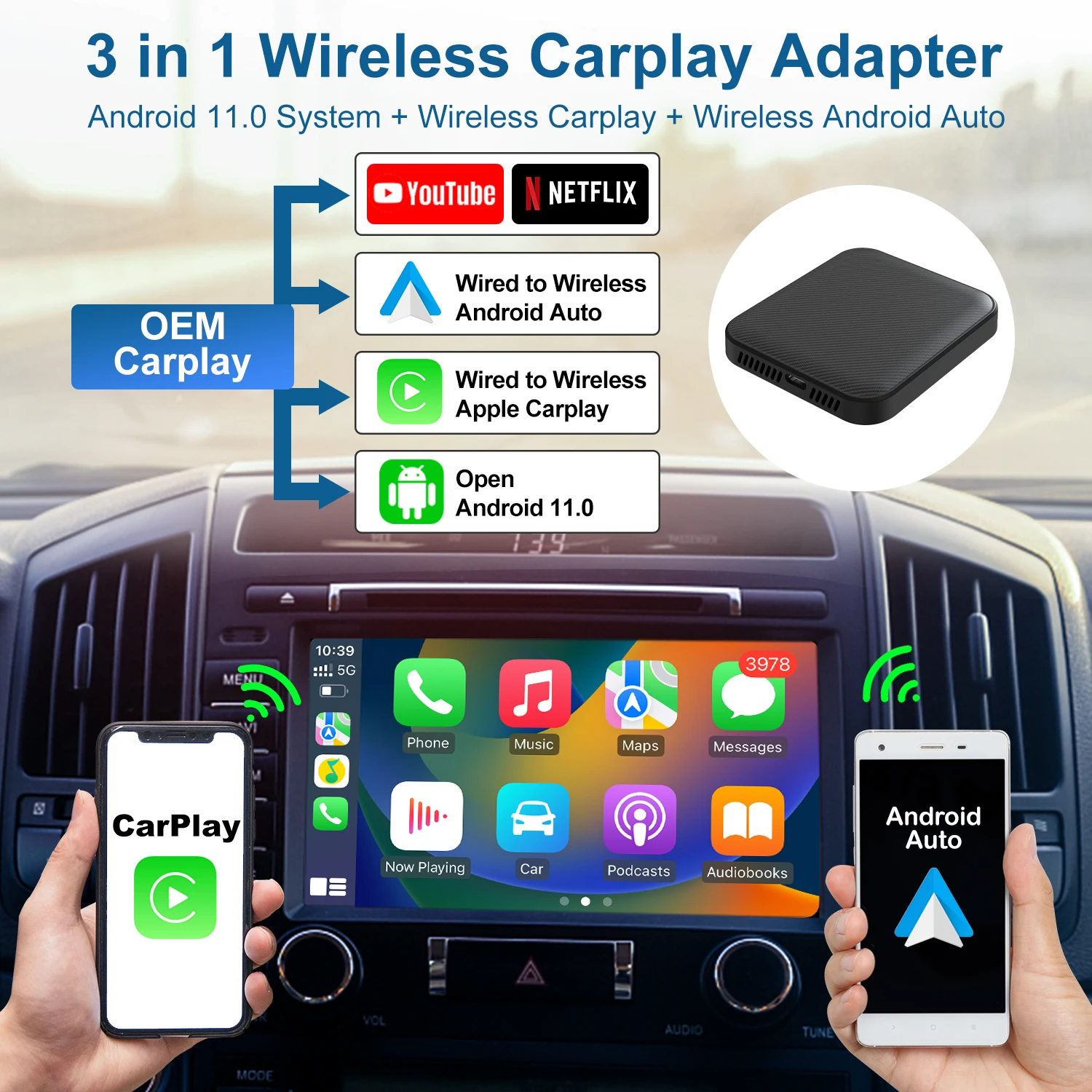 Apple Carplayワイヤレスアダプタ ワイヤレスCarplayドングル Bluetooth Carplayアダプタ 有線を無線に変換 プラグ＆プレイ インストールが容易 安定した 超激得，最新作 CarPlay Android カープレイ ワイヤレス アダプター