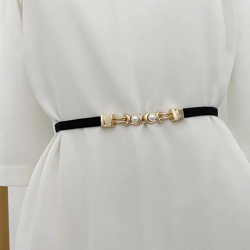 Elegant Black Elastic Belt with Double Pearl Buckle
