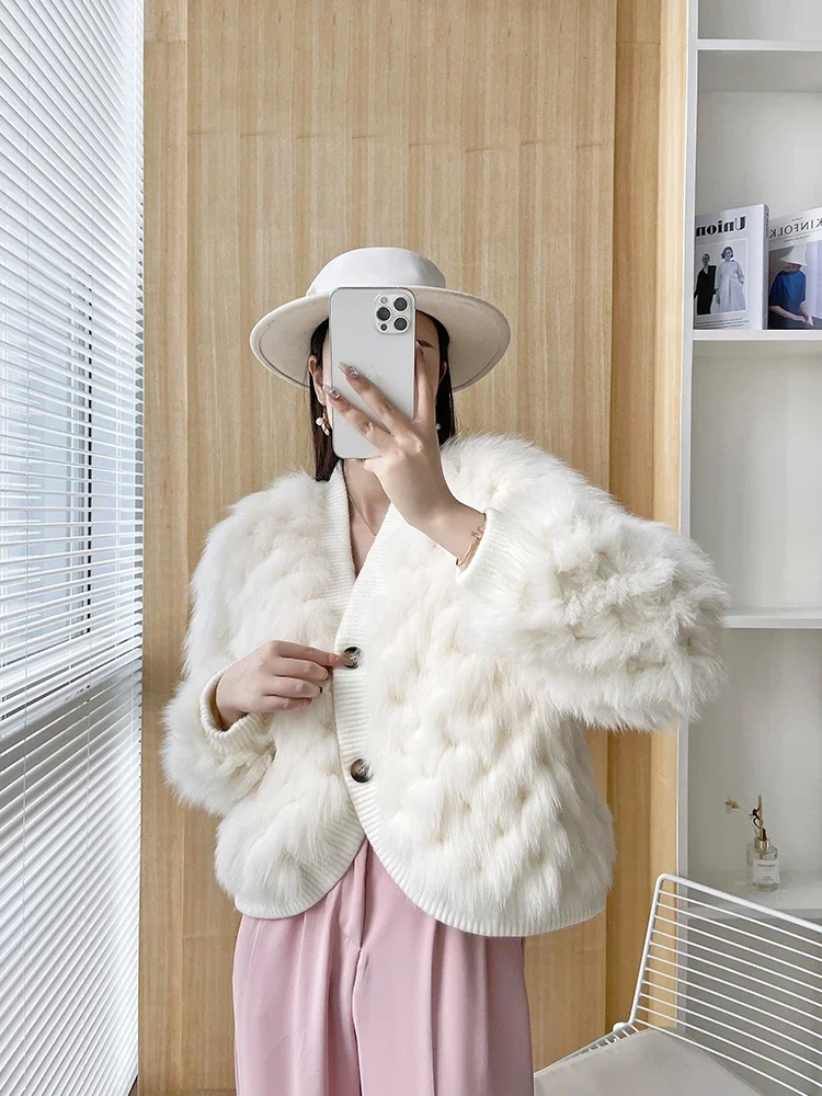 Real Fox Fur Coat Short Latticed Solid Full Sleeve Jackets 2023 Winter Knitted Fluffy Thick Warm Fur Office Lady Women's Clothes
