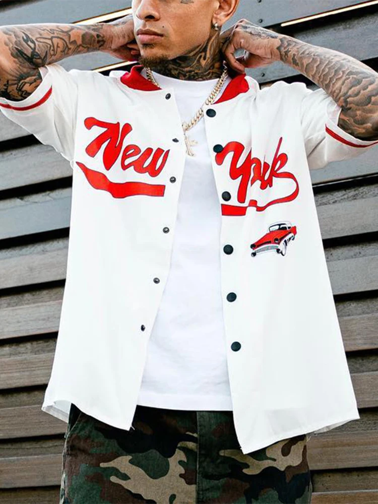 

Streetwear Shirts Men Y2K Graphic Printing Oversize Shirt Short Sleeve Breasted Stand Collar Hip Hop Men's Tops Casual Cardigans