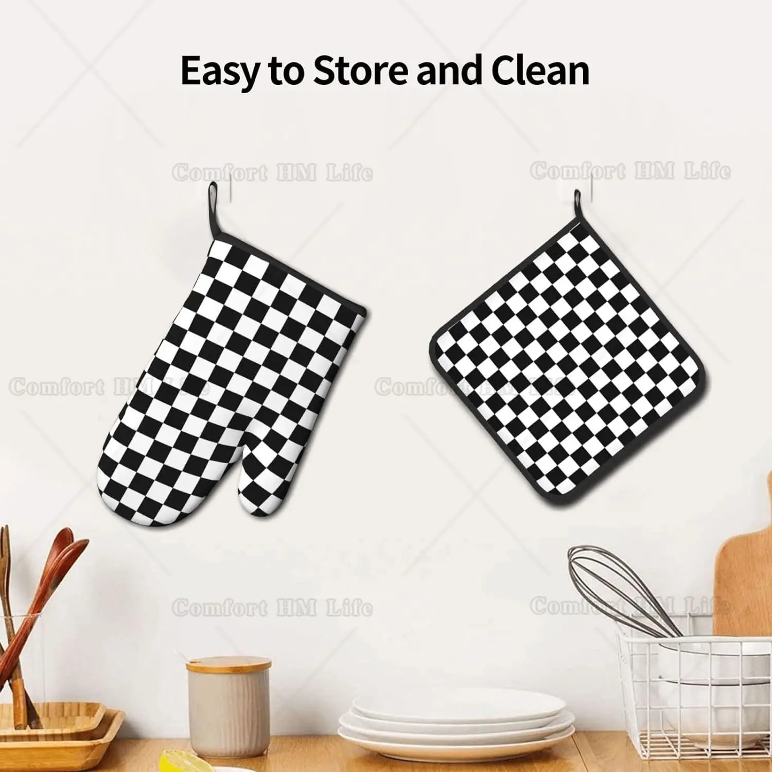 Oven Mitt and Pot Holders 2 Piece Set Black and White Checkered Racing Waterproof BBQ Gloves for Kitchen Cooking Baking