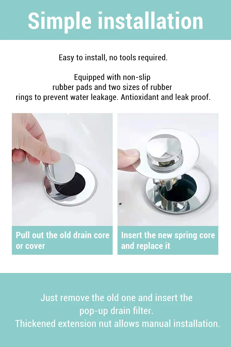 Description Picture 5 of itemUniversal Stainless Steel Pop-Up Bounce Core Basin Drain Filter Hair Catcher Shower Sink Strainer Bath Stopper Bathroom Tool