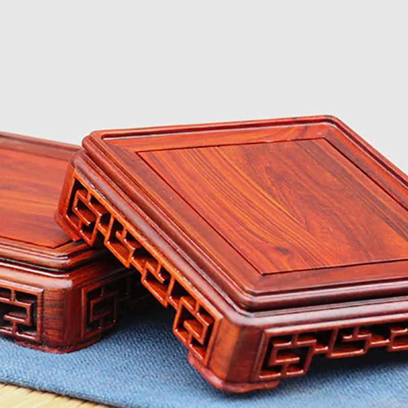 Square Redwood Carve Base, Hollow Out Pedestal, Nature Redwood Display Shelf, Flower Stands, Vase Tray, Planter Pots