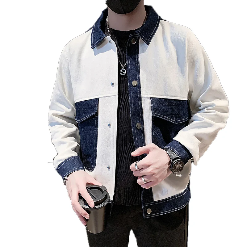 Spring Plaid Men's Denim Jacket Fashion Slim Fit Pu Patchwork