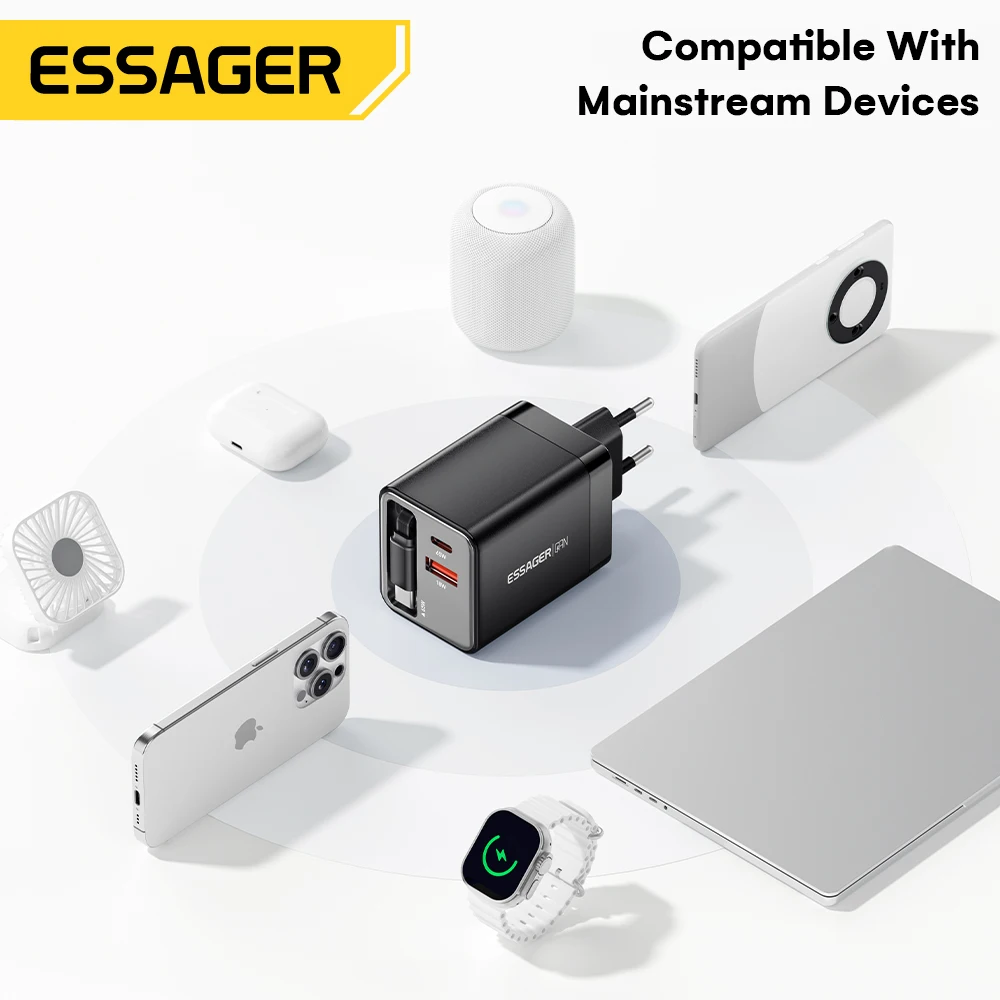 Essager 65W GaN Charger with Retractable Cable PD Fast Charging for Laptop Macbook iPhone 17 16 15 Xiaomi Type-C Phone Charger