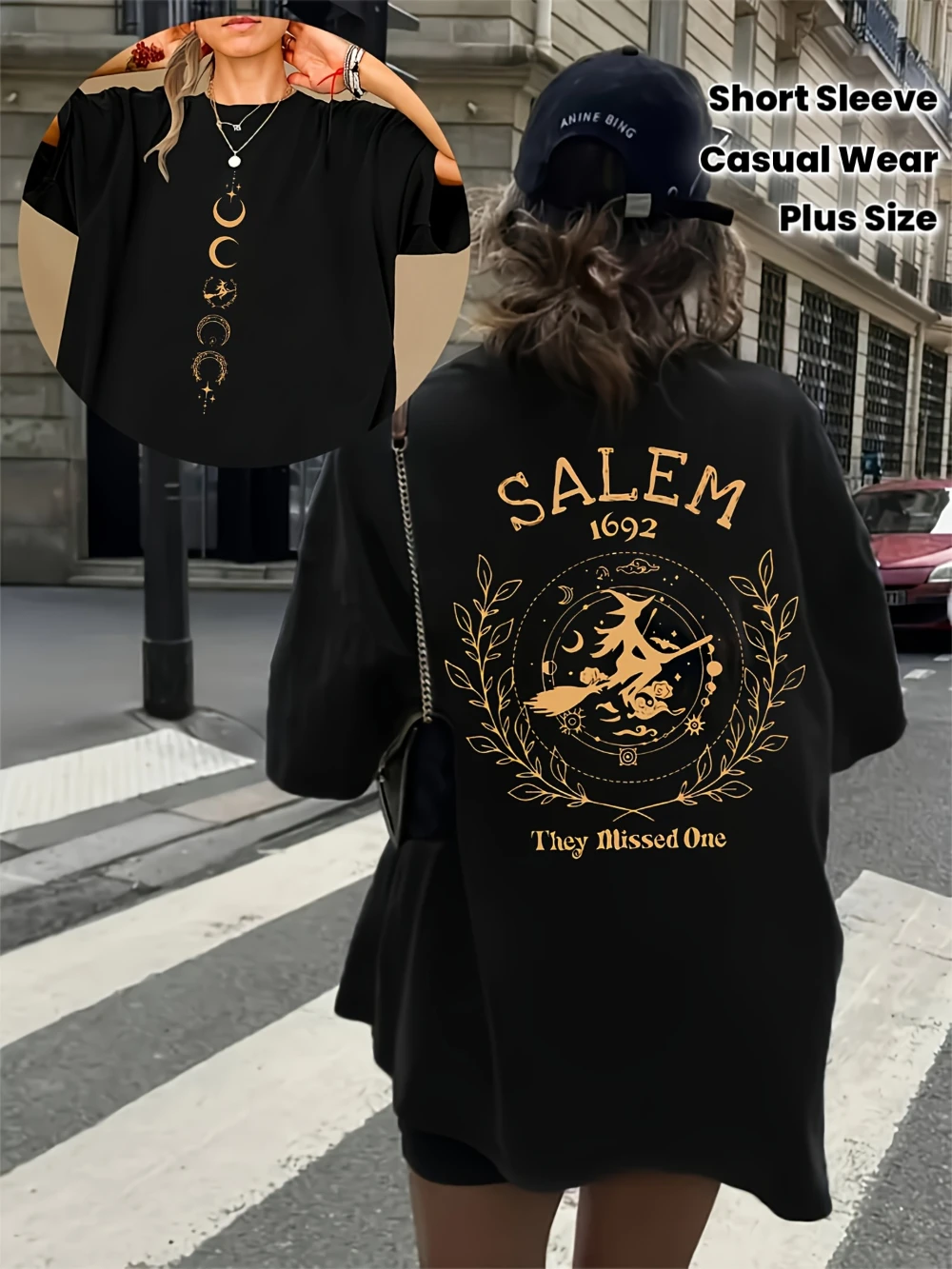 Damen-T-Shirt „Salem 1692 Witch Trial“ – Oversized Kurzarm-Freizeitoberteil mit Salem Witches Broomstick 1692 Aufdruck