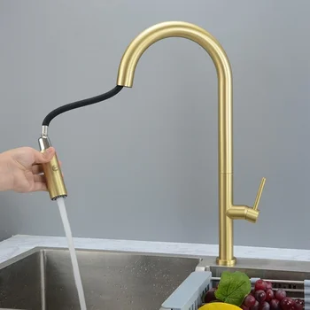 Brushed Gold Pull Out Kitchen Faucets Stainless Steel Sink Faucet Brass Sink Tap Rotating Spout Mixers Tap Hot Cold Water Crane