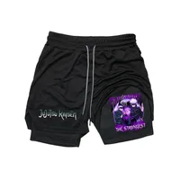 Anime 2in1 Gym Workout Shorts for Men Quick Dry Stretchy Athletic Compression Shorts Fitness Running Jogging Athletic Activewear