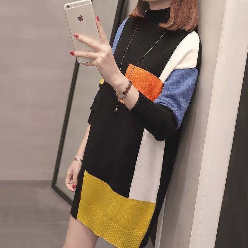 Fashion Turtleneck Spliced Loose Color Casual Dresses Women's Clothing 2023 Winter New Mini Dress