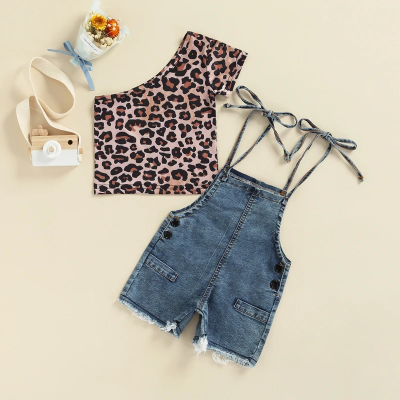 Toddler Baby Girls Summer Lovely Clothes 2Pcs Outfit One Shoulder Leopard Print Tops + Blue Denim Suspender Shorts Fashion Sets