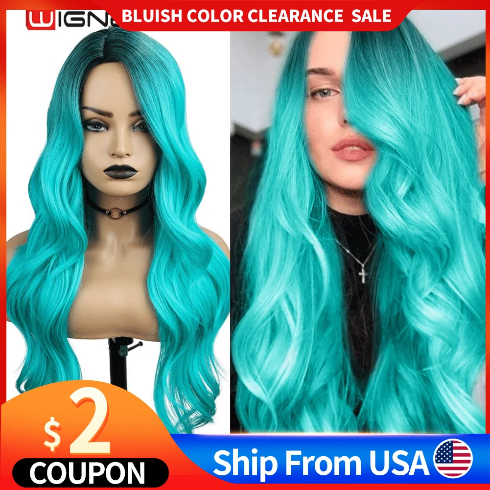 WIGNEE Bluish Light Blue Wig Synthetic Ombre Long Wavy Body Wave Side Part Heat Resistant Natural Hair Wigs For Women Cosplay