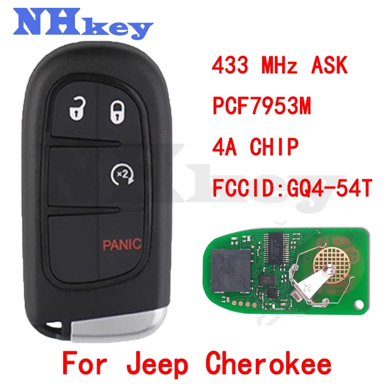 

NHKEY GQ4-54T Smart Remote Car Key Fob 4 Buttons 4A For 2014 2017 2018 Jeep Cherokee 68141580 AC AF AG AB 433MHz PCF7953M