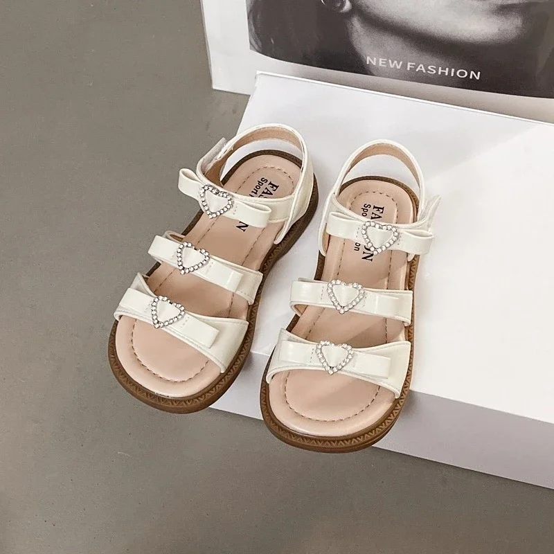 Girls Summer Flat Sandals Rhinestone Heart Kids Open Toe Shoes