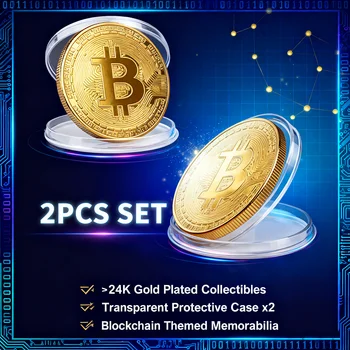 Gold Plated Bitcoin Collectible Coin, Physical BTC Casascius Metal Commemorative Art Gift, Antique Imitation Bit Crypto Currency 1