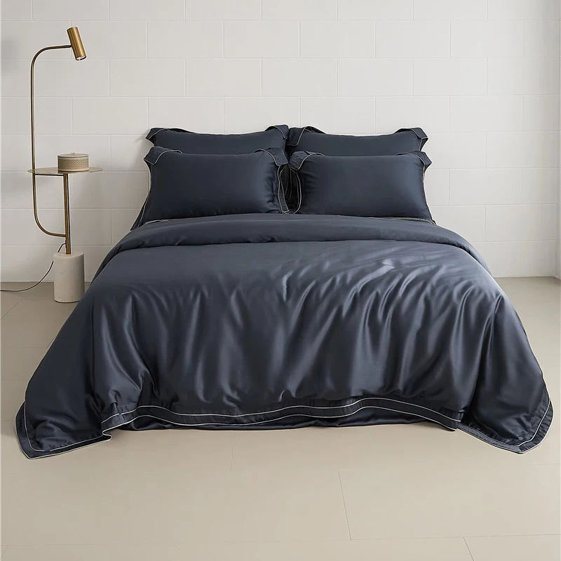 

2024 Long-staple Cotton Four-piece Bed Linen New Stitching Embroidery Plain Color Cotton Bedding Light Luxury Style Navy Blue