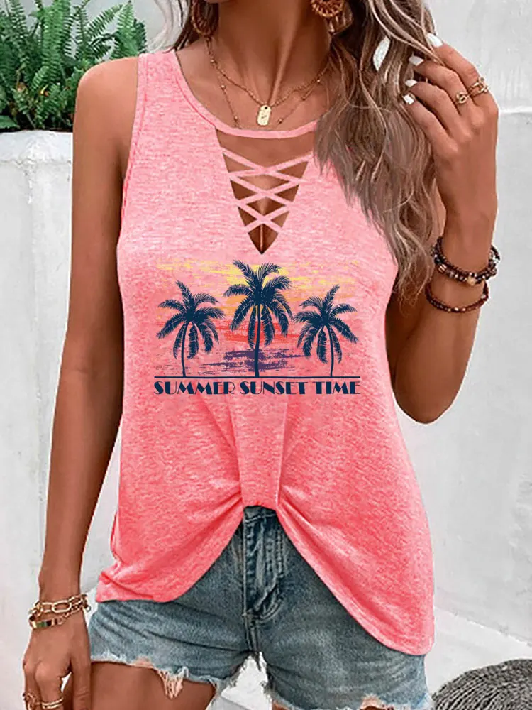 

Summer Criss-Cross Coconut Tree Twist Tank Tops Women's Fashion Sleeveless Vest Sexy Girls Casual Vintage Tanks Loose Tee Shirt