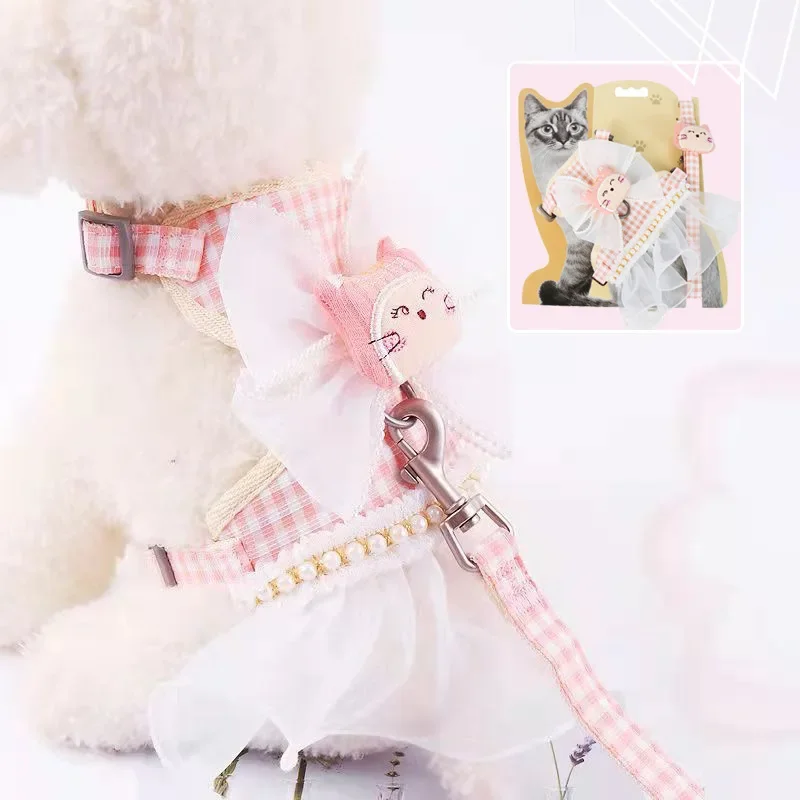 

Cat Leads Dog Harness Leash Set Adjustable Lace Necklace Pet Vest Cute Puppy Princess Dress Cats Collar Skirt Walking Lead