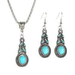 Bohemian Turquoise Pendant Necklace Earring Jewelry Set Vintage CZ Natural Stone Charm Necklaces Drop Earrings For Women Jewelry