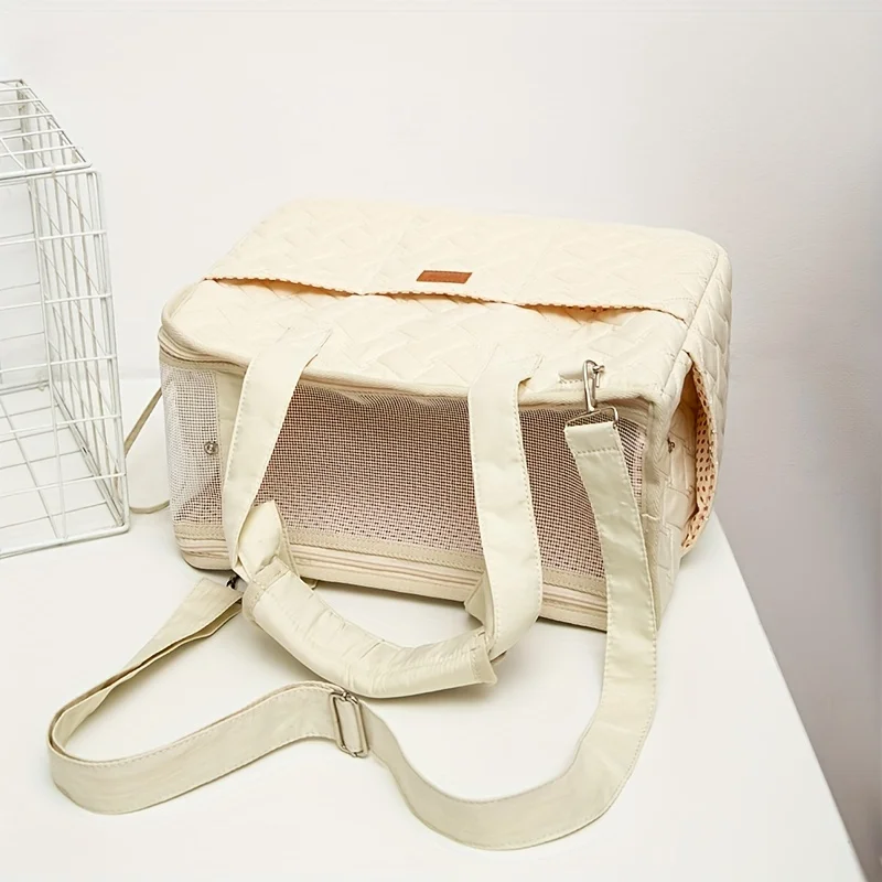 Portable Quilted Pet Handbag Suitable for Cats and Small Dogs Lightweight Canvas Shoulder Bag Breathable Mesh Bag
