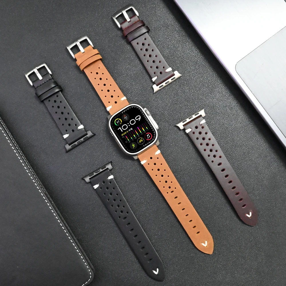 

Ремешок из натуральной кожи для Apple Watch Ultra 2 49 мм Series 9 8 7 45 мм, титановый Соединительный браслет для IWatch 6 5 4 Se 3 44 мм 42 мм Correa