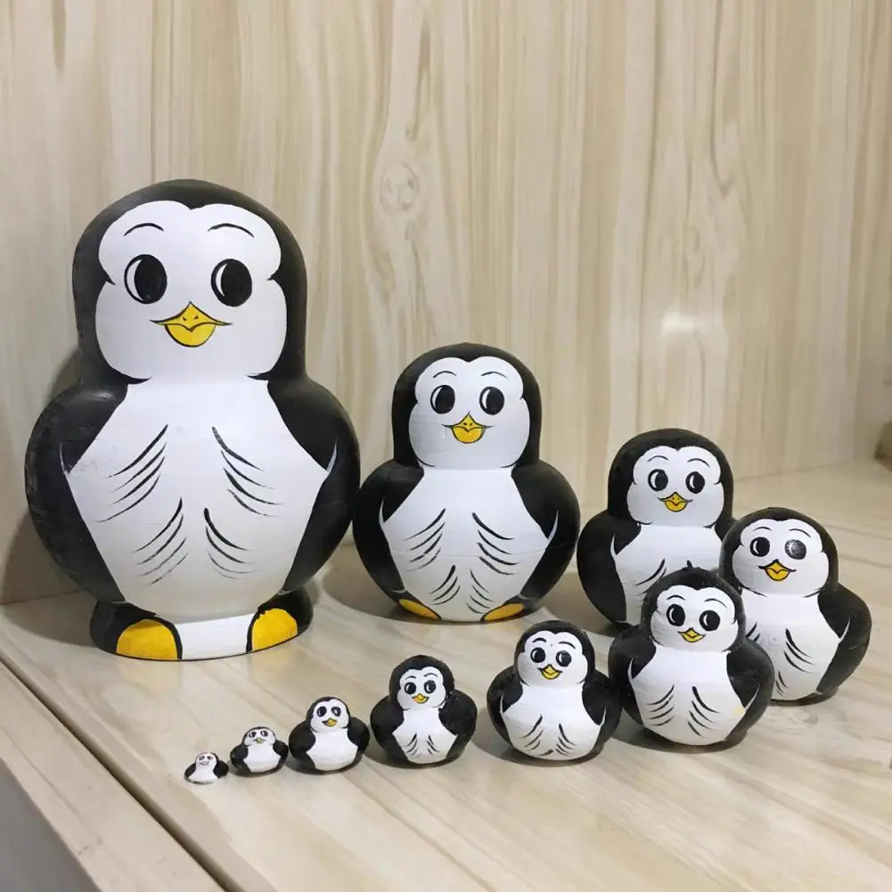 10 개/대 동물 러시아 중첩 인형 10 레이어 수제 나무 Matryoshka 오리 팬더 펭귄 병아리 스태킹 장난감 데스크탑 장식