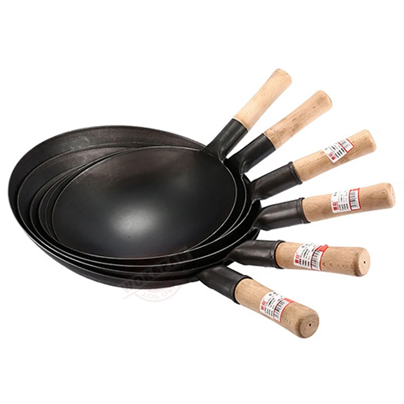 32cm Carbon Steel Wok,Wooden Handle Uncoated Cooking Woks,Round Bottom