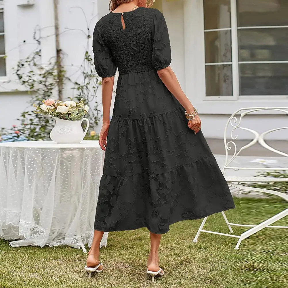 

Attractive Midi Dress Waist Tight Casual Dress O-neck Beautiful Flower Pattern A-Line Dress Dressing Up
