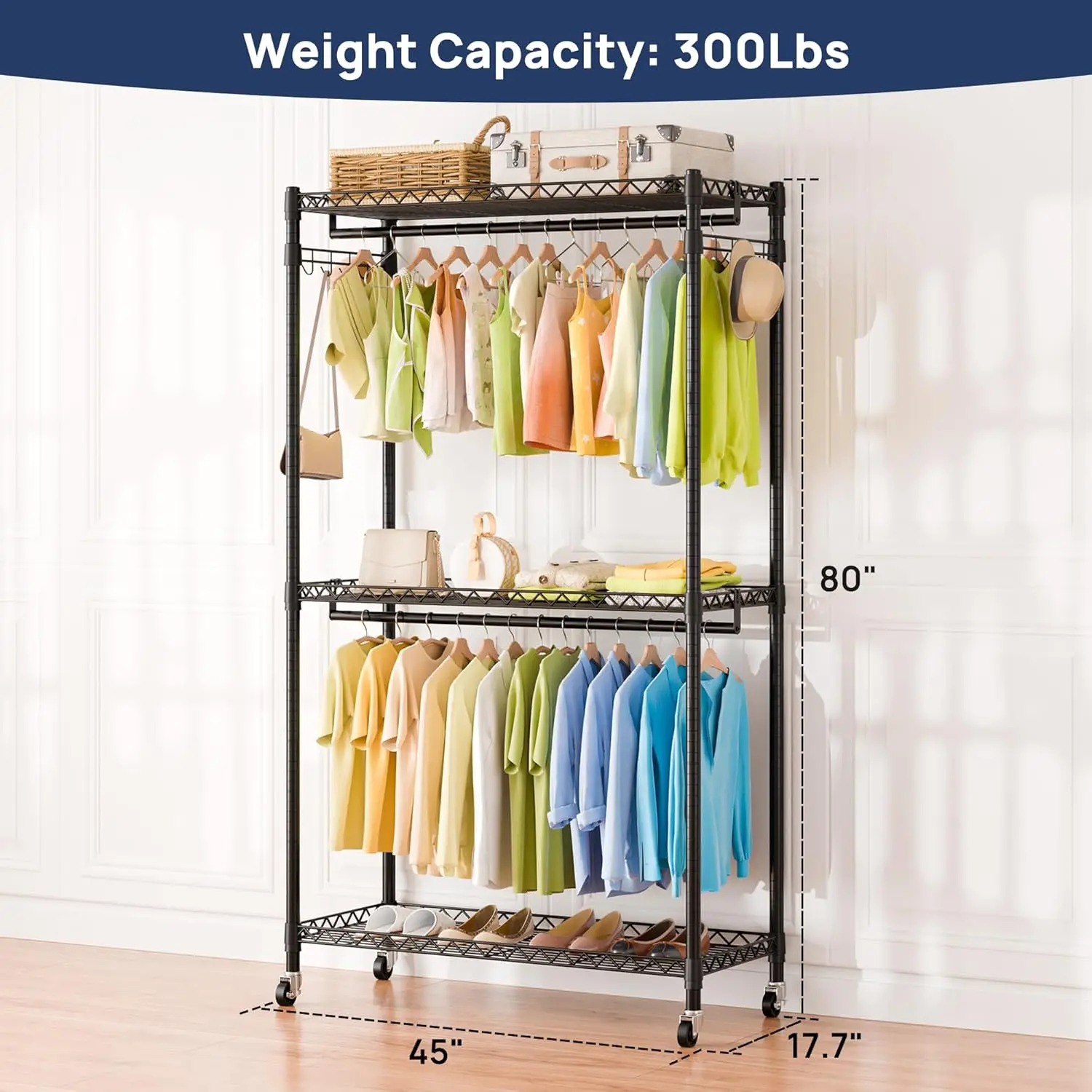 Heavy Duty Metal Clothes Rack with Lockable Wheels, 3-Tier Adjustable Garment Clothing Rack for Hanging Clothes, Wardrobe