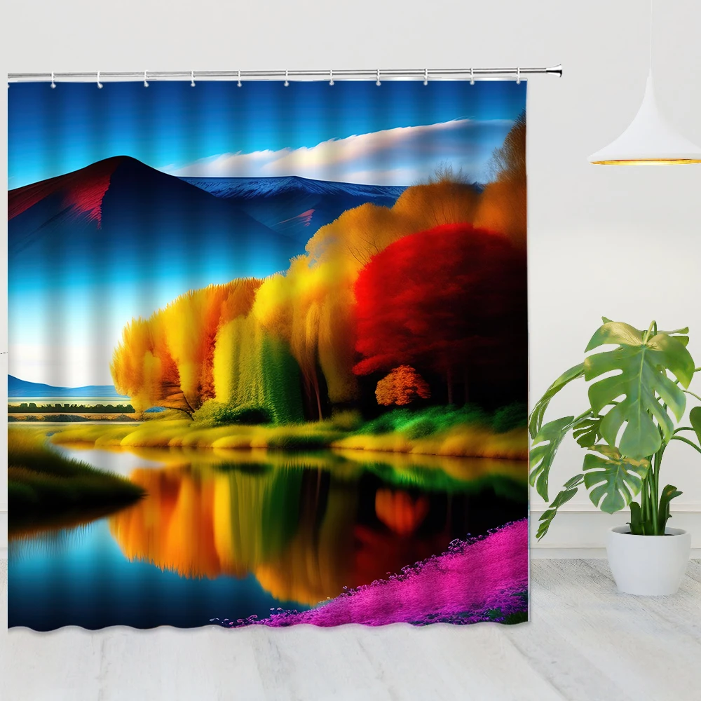 

Mountain Water Maple Forest Scape Home Shower Curtain Valley Lake Autumn Multicolor Nature Scenery Bathroom Decor Bath Screen