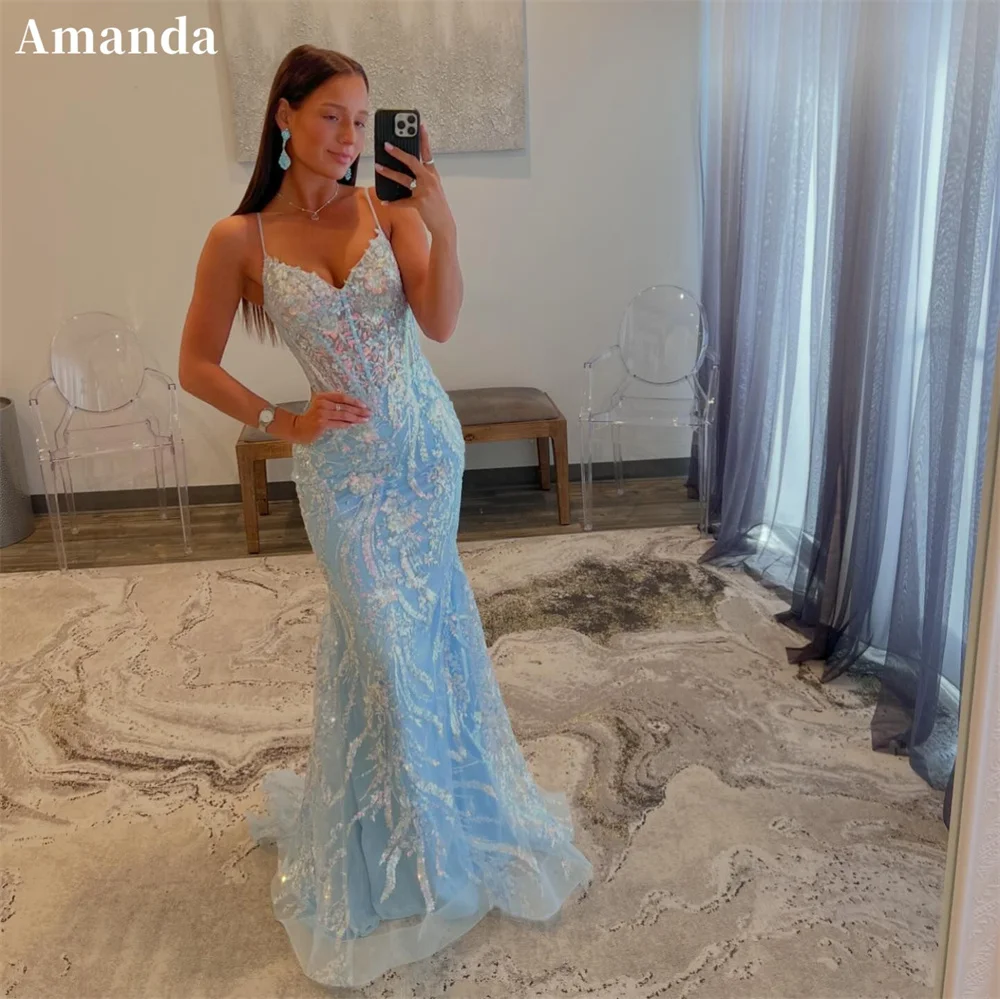 

Amanda Sky Blue Prom Dresses Lace Embroidery Evening Dress Sleeveless Spaghetti Strap Backless Mermaid Party vestidos de fiesta