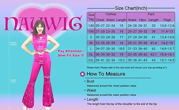 Yanny Cowgirl Kostüm 70s Hippie Disco - Rosa Schlaghose Mit Perücke Damen Halloween