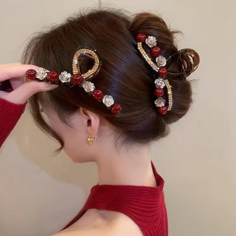 1 Stück Rosenrote Perlen-Haarspange für Damen, Herbst- und Wintermode, Haarklammer für die Hinterseite des Kopfes, Haaraccessoire