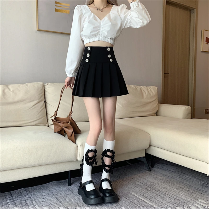 silk skirt Women Pleated Skirts Black White Elegant A-Line Skirt Casual Spring Summer Sweet E-Girls Drill Double Breasted Skirts Dance Show nike skirt