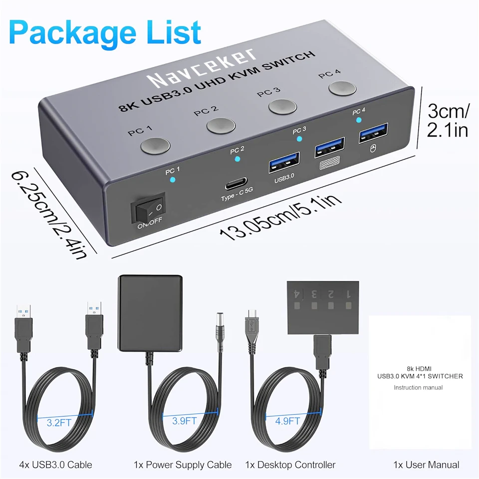 4K 240Hz 4X1 HDMI KVM Switcher 4 Port 8K USB HDMI KVM 4 PC Switch 144Hz Docking