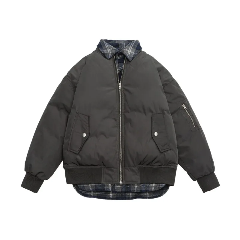 

Street Baseball Cotton Coat Men Vintage Fashion Fake Two Piece Versatile Warm Unisex Parkas Casual Couple Heating Jackets Winter
