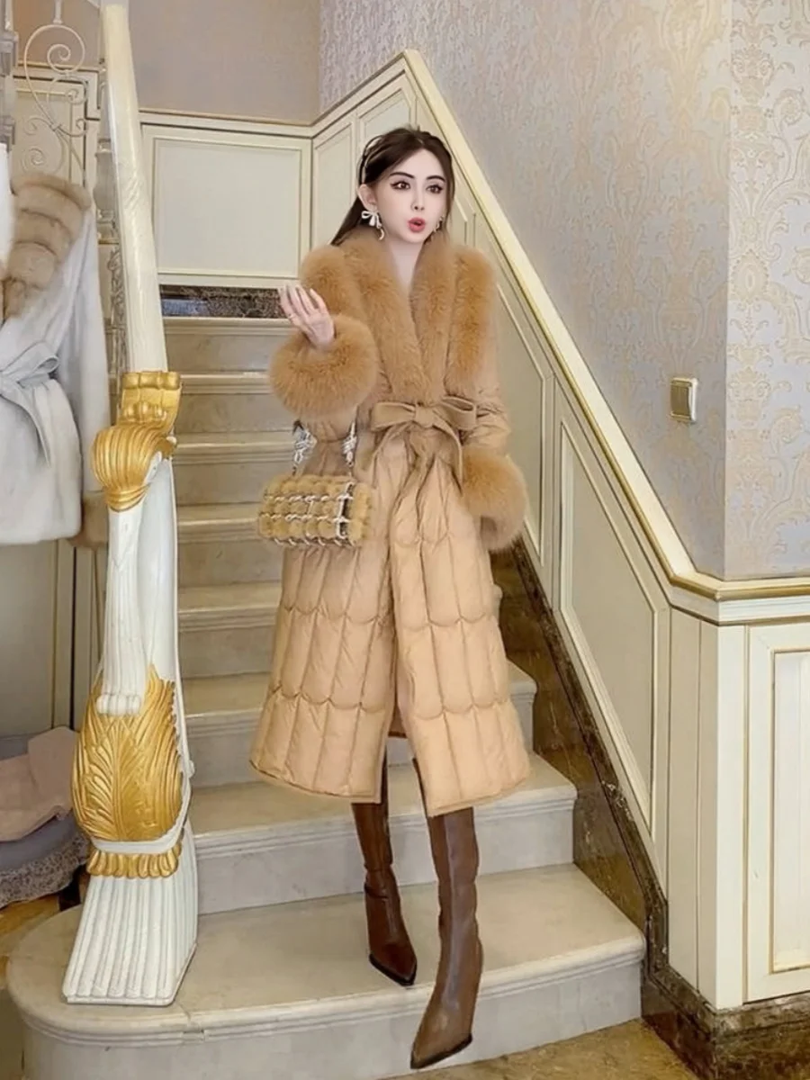 High-end Fashion Fox Fur Collar Down Jacket Women's Long Thickening Warm Elegant White Duck Down Coat 2024 Winter Clothes New