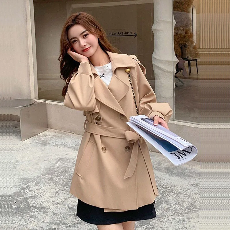 

Korean Loose Thin Khaki Short Windbreaker With Belt Double-breasted Spring Autumn Women Casual Long Sleeve Trench Coat Outwear