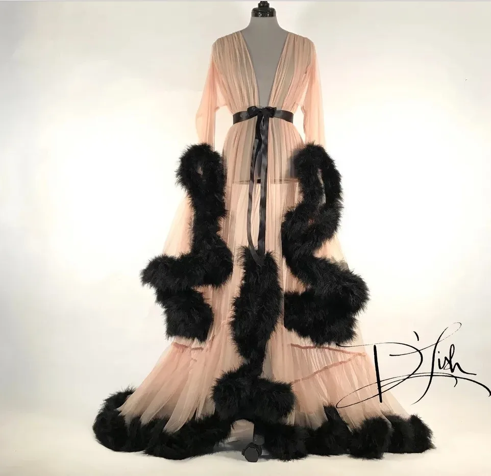 

2024 New Manufacturer Directly Supply Women's Perspective Sexy Feather Flare Sleeves Trailing Long Dress Lingerie Sexy De Femmes