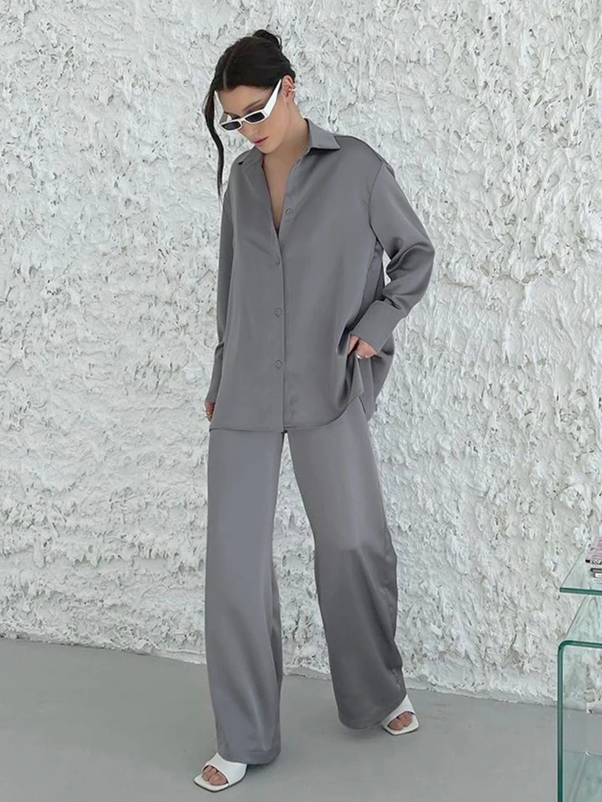 Marthaqiqi Casual Satin Femme Nightgowns Set Long Sleeve Nightwear Turn-Down Collar Sleepwear Wide Leg Pants Pajama 2 Piece Suit